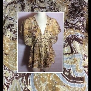 NWT Carlos Miele Silk Gold Boho Babydoll Blouse M